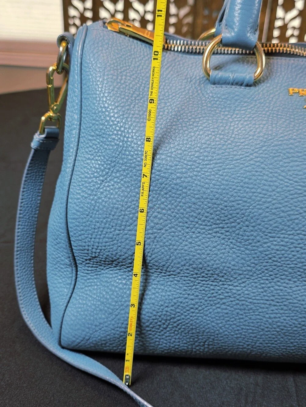 Authentic Prada Vitello Daino Blue Leather Top Handle Handbag  Comes w COA